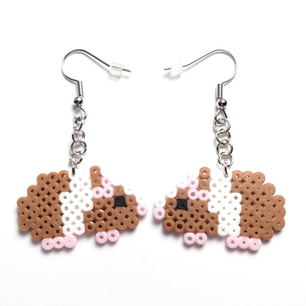 Handmade Mini Perler Bead Brown/White Hamster Earrings. New